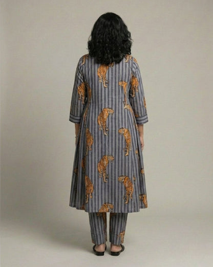 Wildrade Side Pleated Long Cotton Coord Set - Charcoal Tiger Print