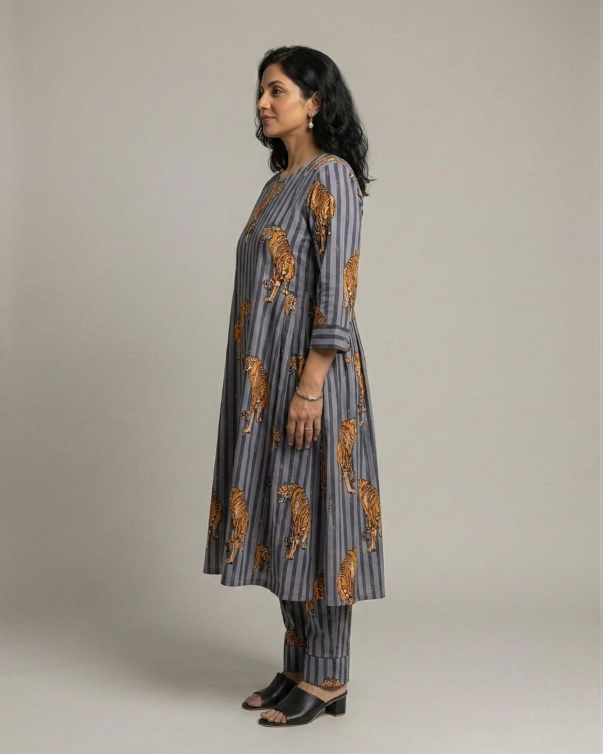 Wildrade Side Pleated Long Cotton Coord Set - Charcoal Tiger Print