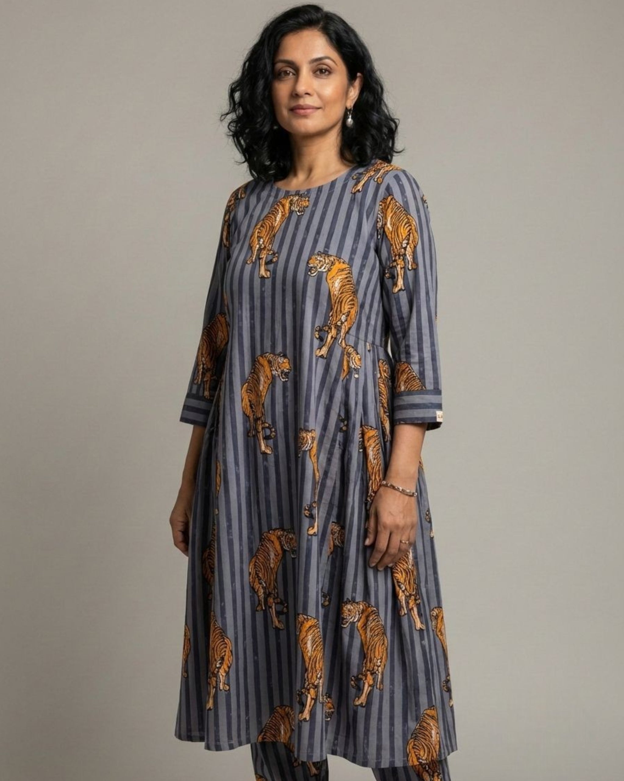 Wildrade Side Pleated Long Cotton Coord Set - Charcoal Tiger Print