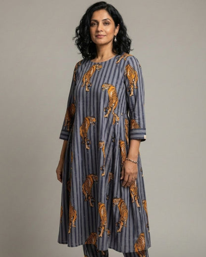 Wildrade Side Pleated Long Cotton Coord Set - Charcoal Tiger Print