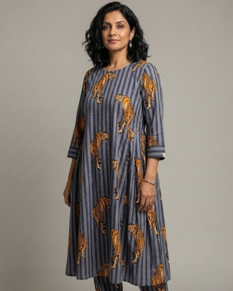 Wildrade Side Pleated Long Cotton Coord Set - Charcoal Tiger Print