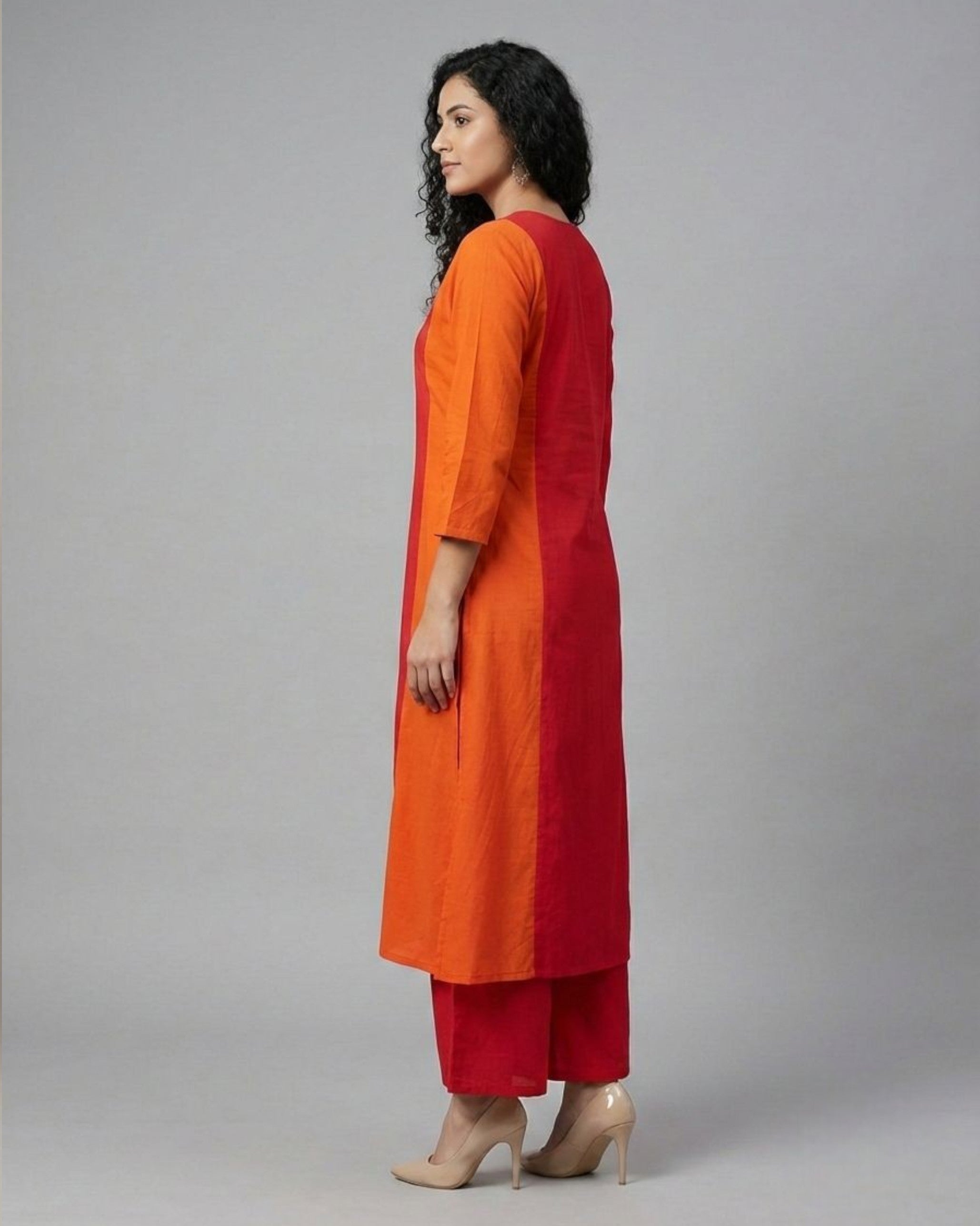 Terracotta ColorBlock Mid-Length Cotton Coord Set- Red & Rust