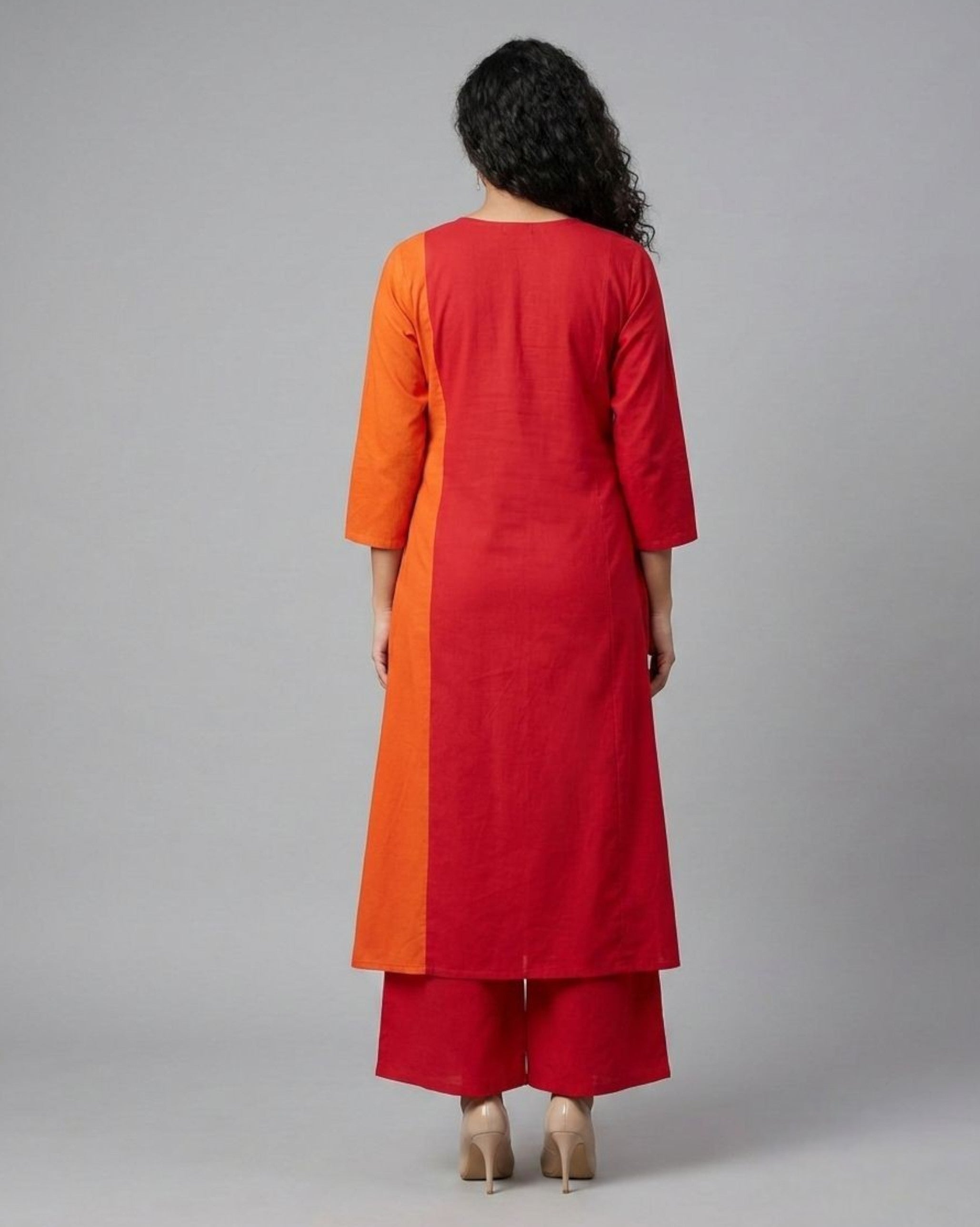 Terracotta ColorBlock Mid-Length Cotton Coord Set- Red & Rust