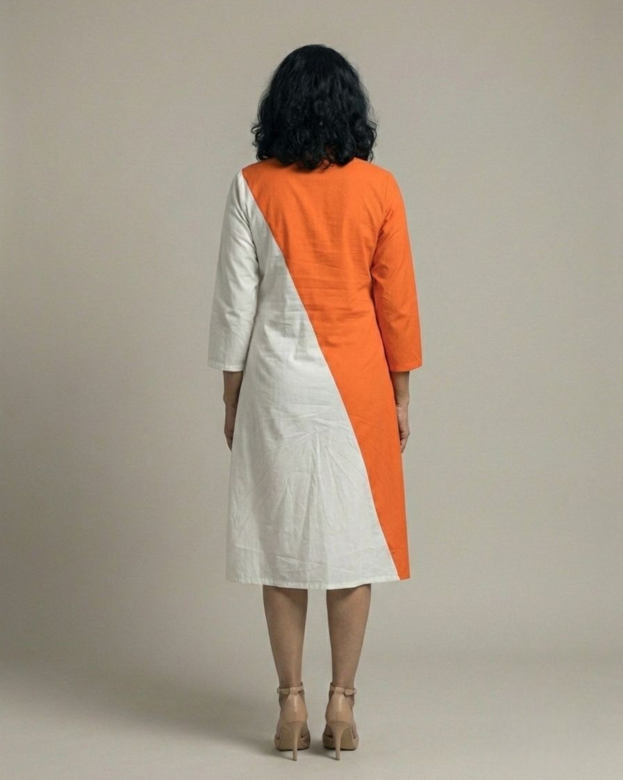 Rustline Colorblock Zipped Midi Flared Dress - White & Rust