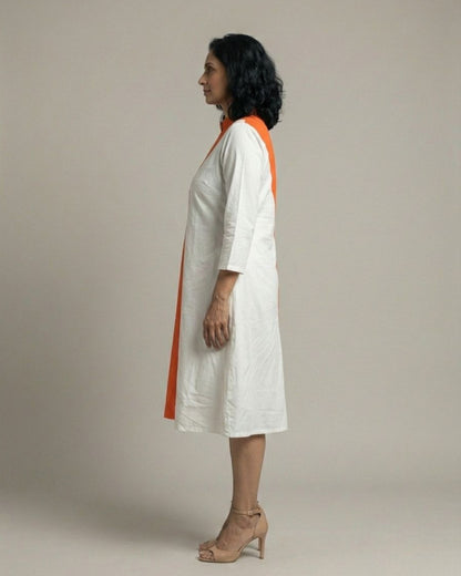 Rustline Colorblock Zipped Midi Flared Dress - White & Rust