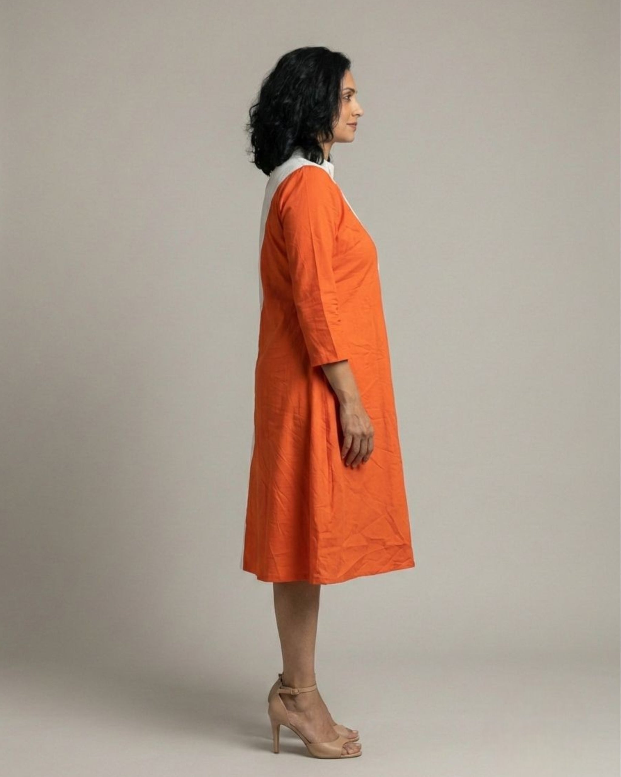 Rustline Colorblock Zipped Midi Flared Dress - White & Rust