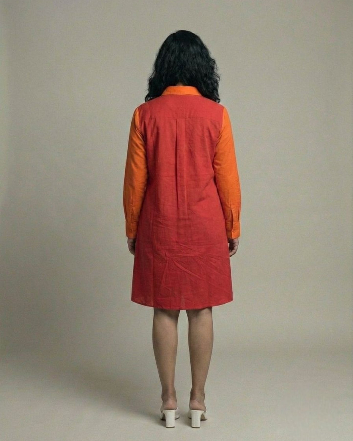 Terracotta Colorblock Short Shirt Cotton Dress - Red & Rust