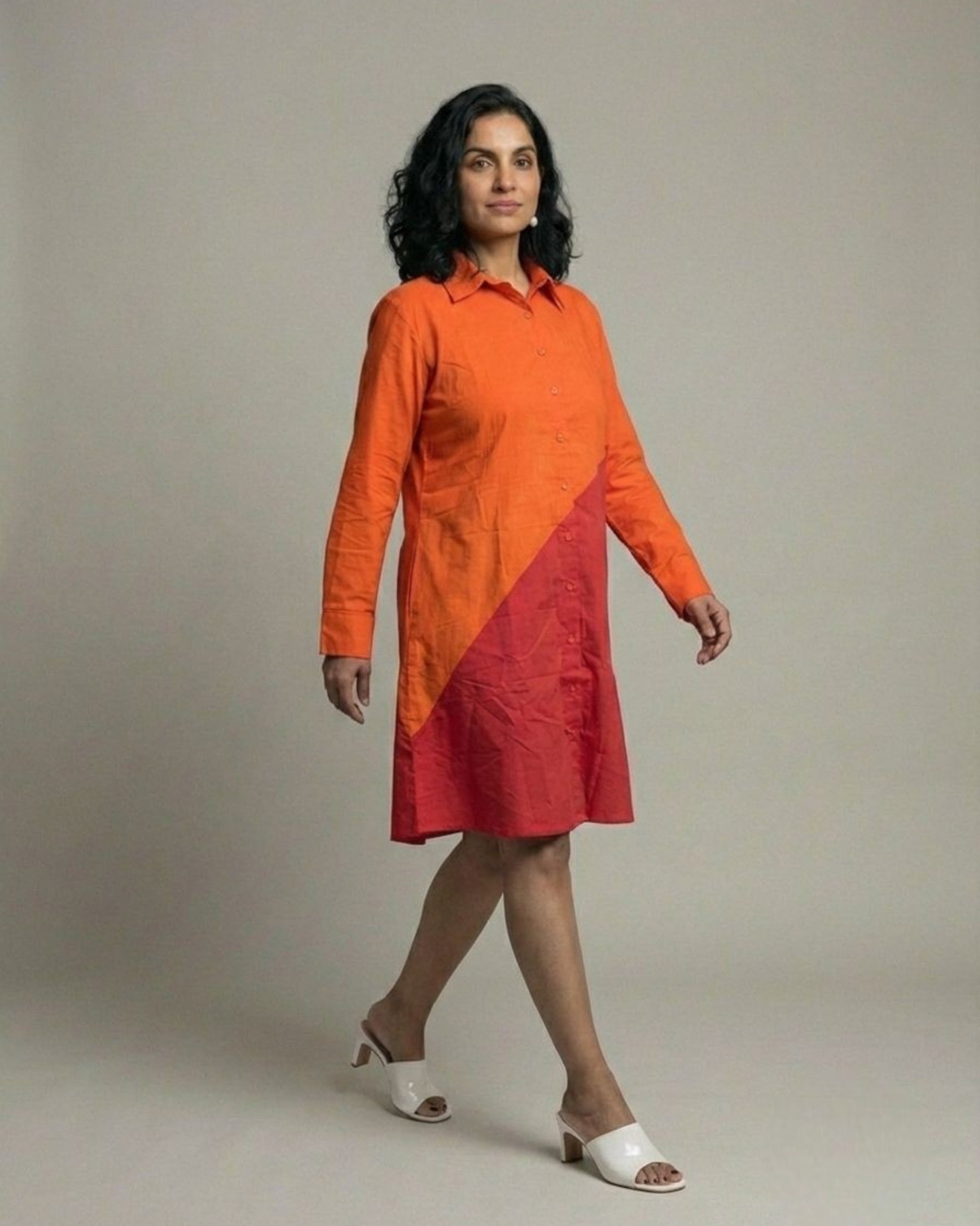 Terracotta Colorblock Short Shirt Cotton Dress - Red & Rust