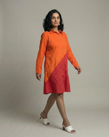 Terracotta Colorblock Short Shirt Cotton Dress - Red & Rust
