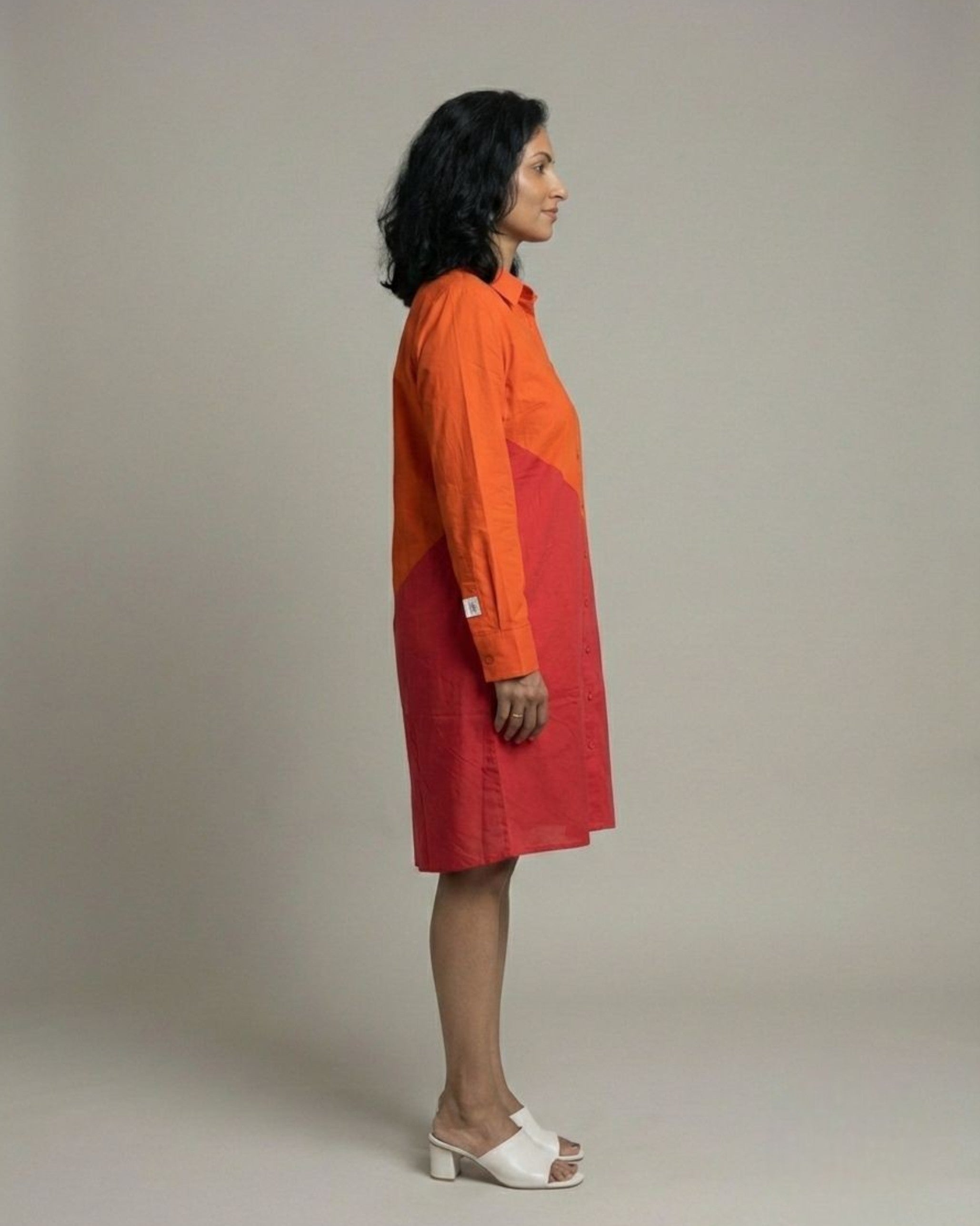 Terracotta Colorblock Short Shirt Cotton Dress - Red & Rust