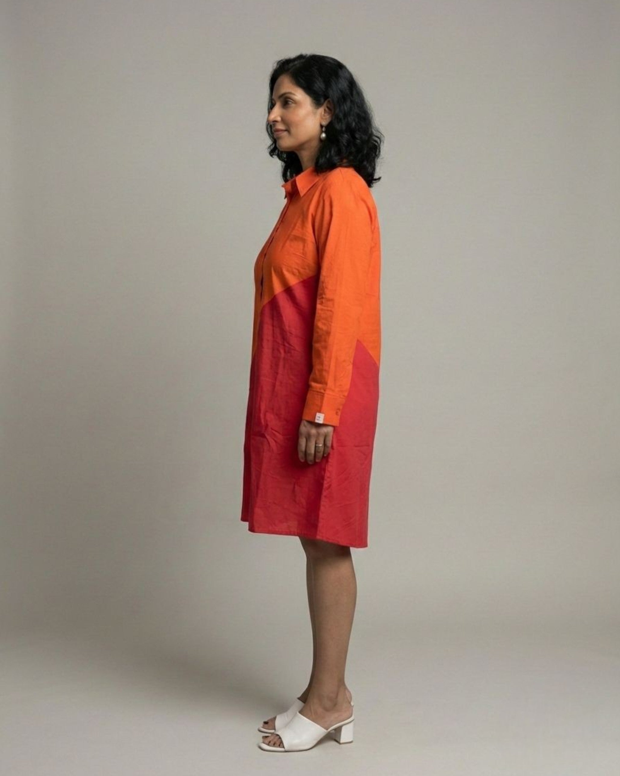 Terracotta Colorblock Short Shirt Cotton Dress - Red & Rust