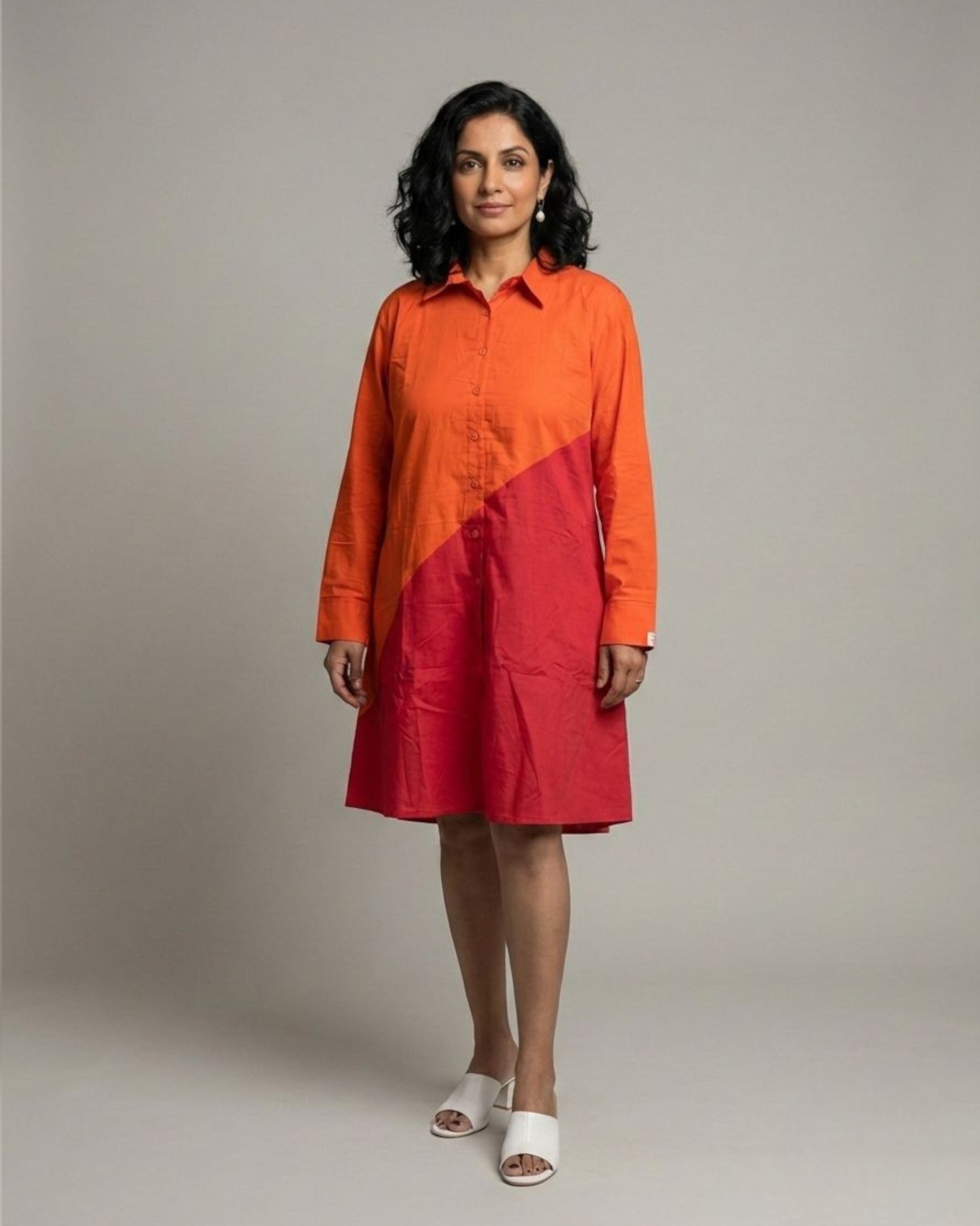 Terracotta Colorblock Short Shirt Cotton Dress - Red & Rust