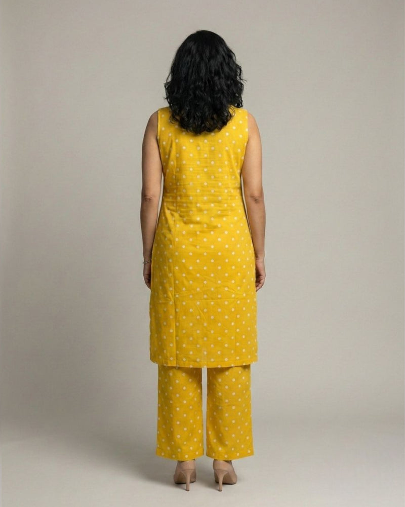 Sunshine Mid-Length Sleeveless Cotton Kurta Set - Mustard Print
