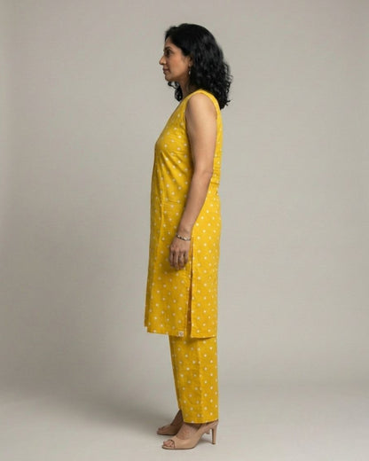 Sunshine Mid-Length Sleeveless Cotton Kurta Set - Mustard Print