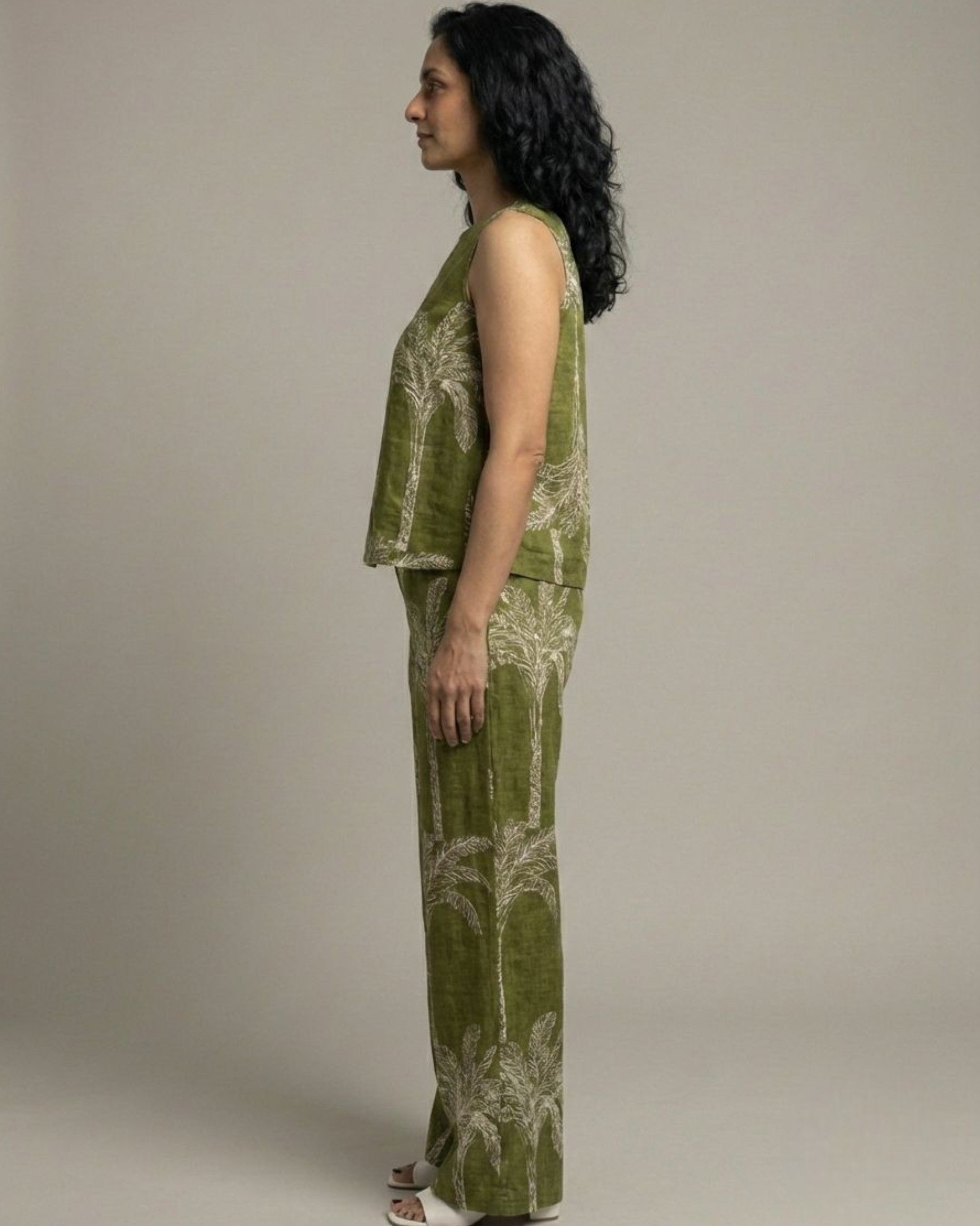 Palm Short Sleeveless Cotton Coord Set - Olive Print
