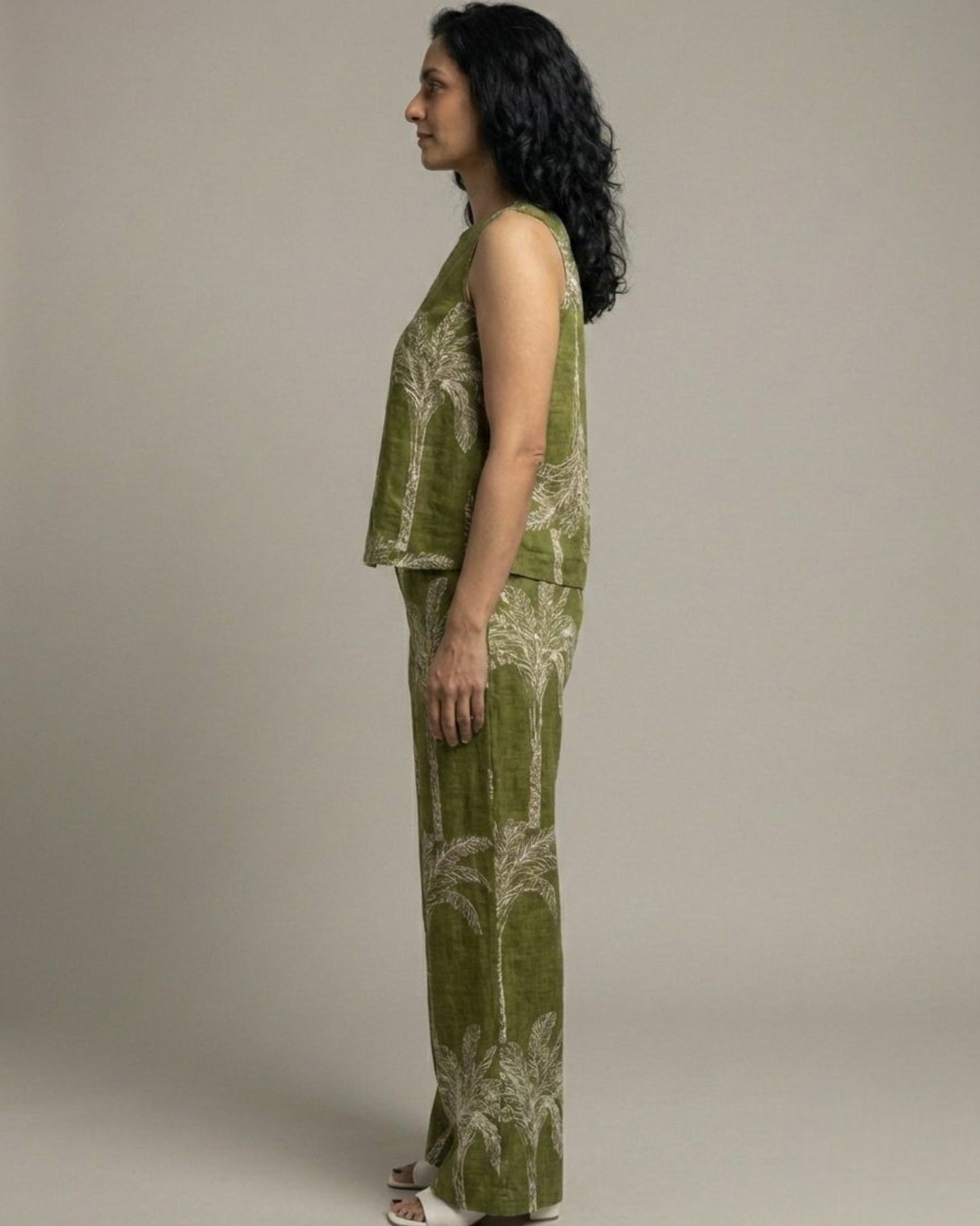 Palm Short Sleeveless Cotton Coord Set - Olive Print