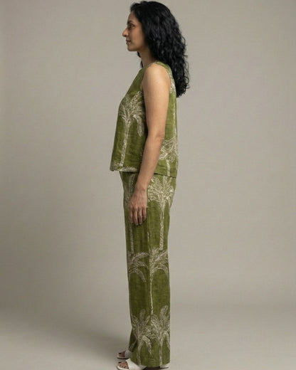 Palm Short Sleeveless Cotton Coord Set - Olive Print