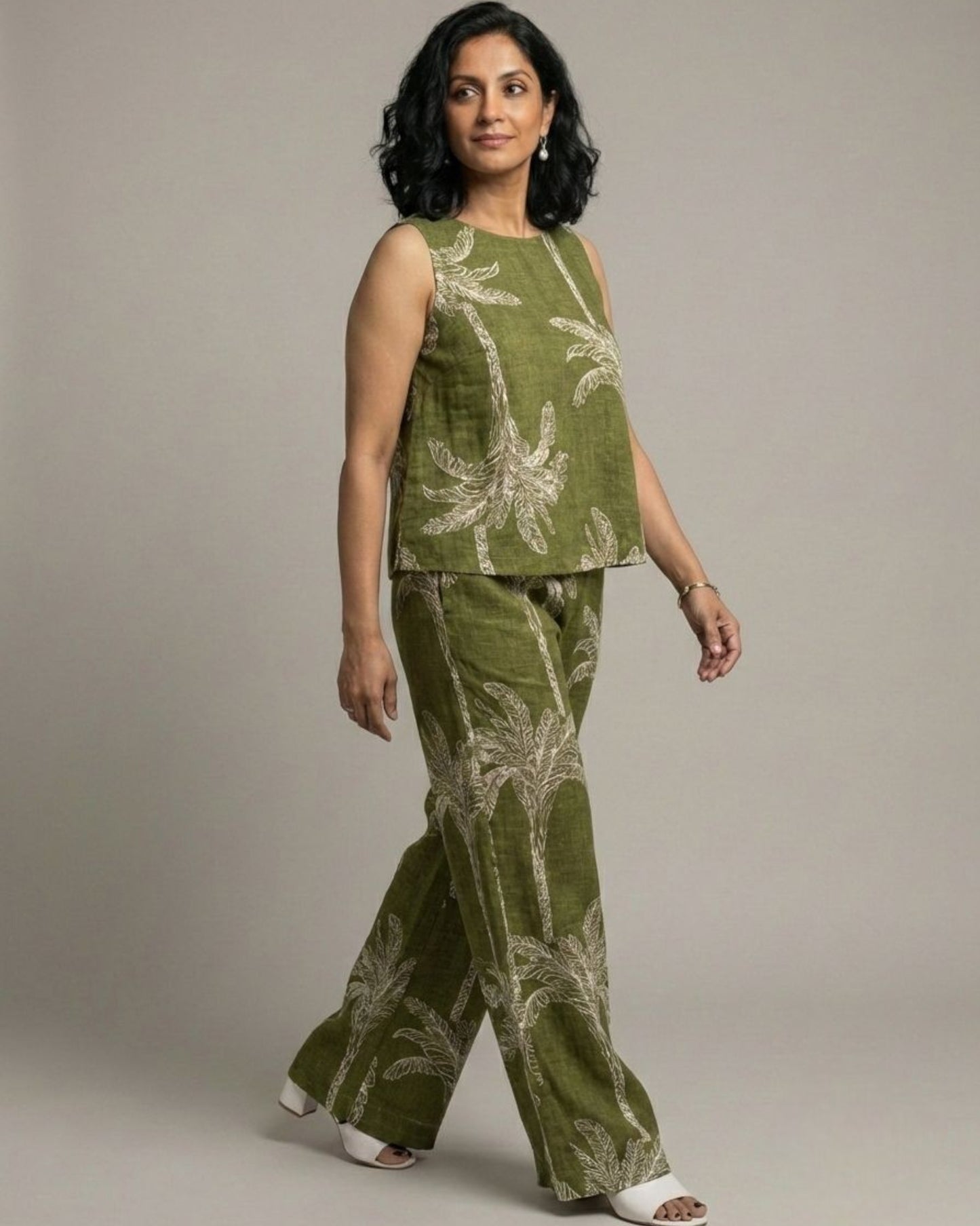 Palm Short Sleeveless Cotton Coord Set - Olive Print