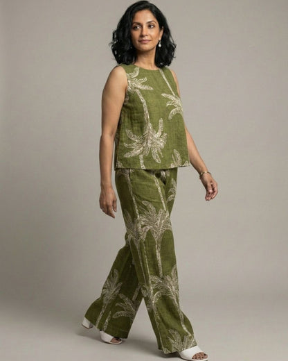 Palm Short Sleeveless Cotton Coord Set - Olive Print