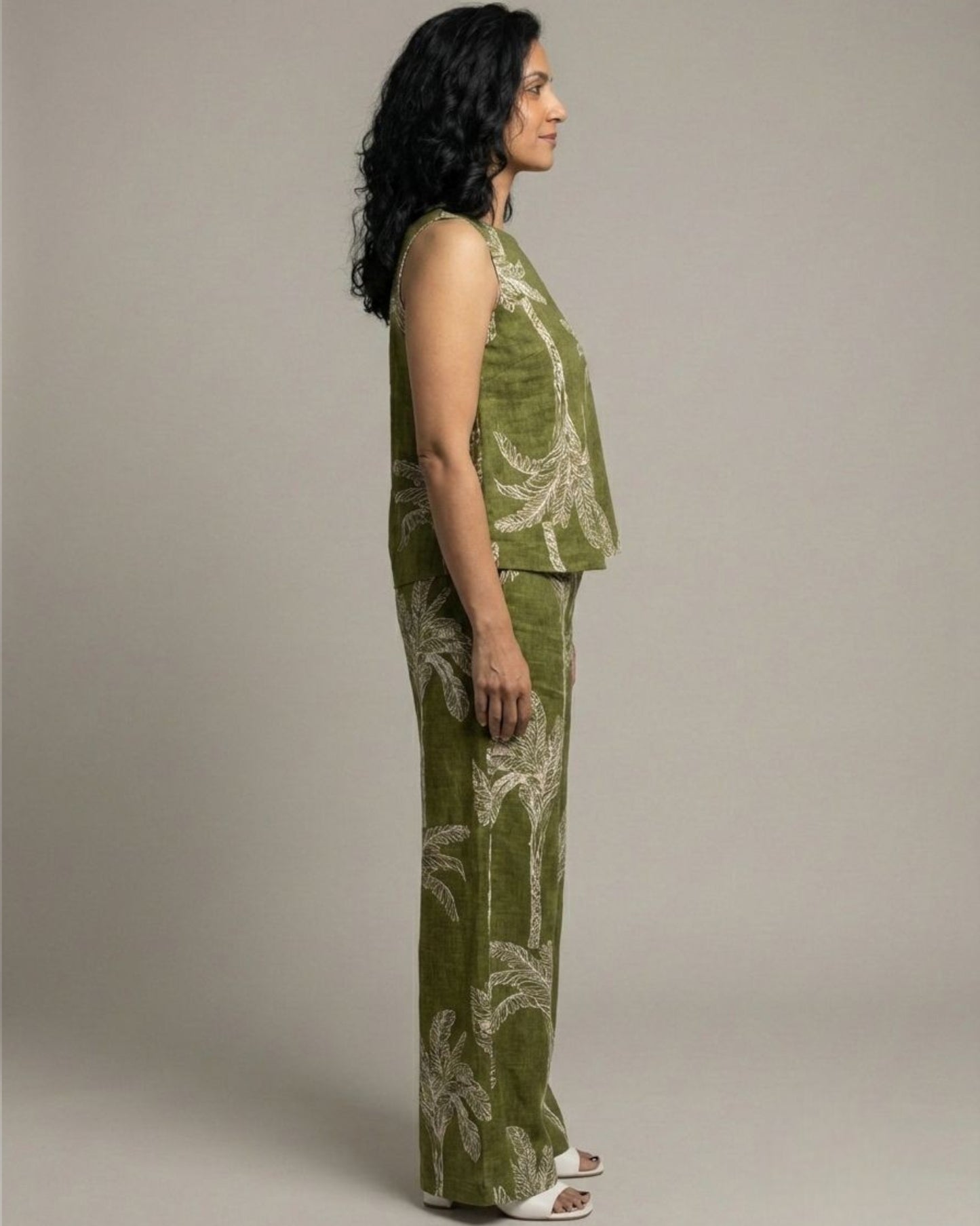 Palm Short Sleeveless Cotton Coord Set - Olive Print