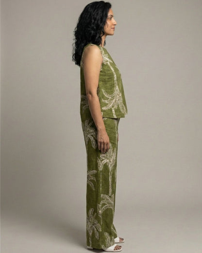 Palm Short Sleeveless Cotton Coord Set - Olive Print
