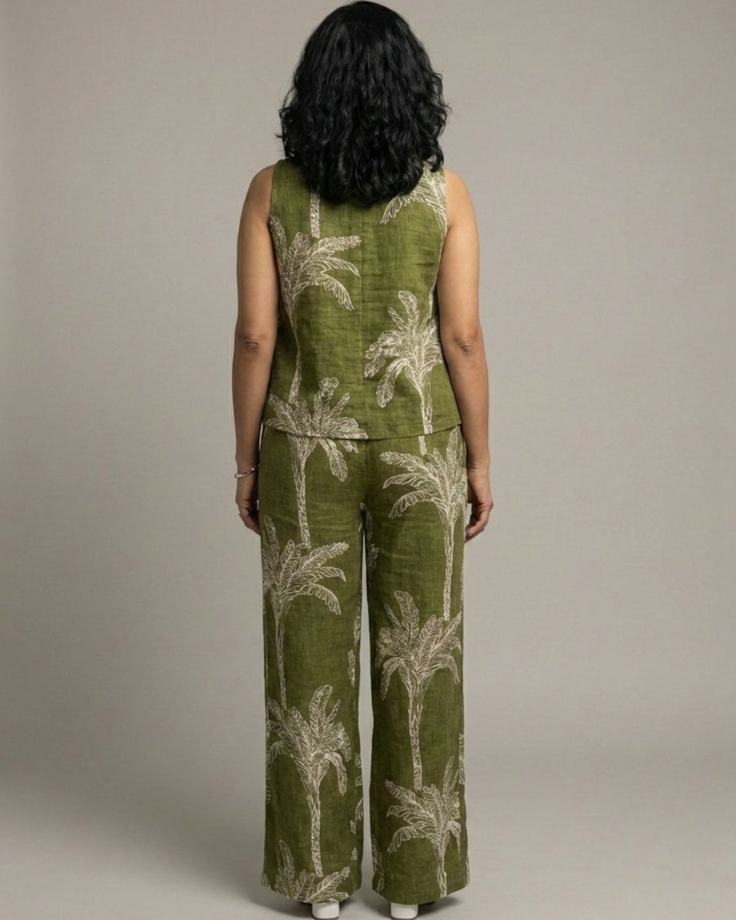Palm Short Sleeveless Cotton Coord Set - Olive Print