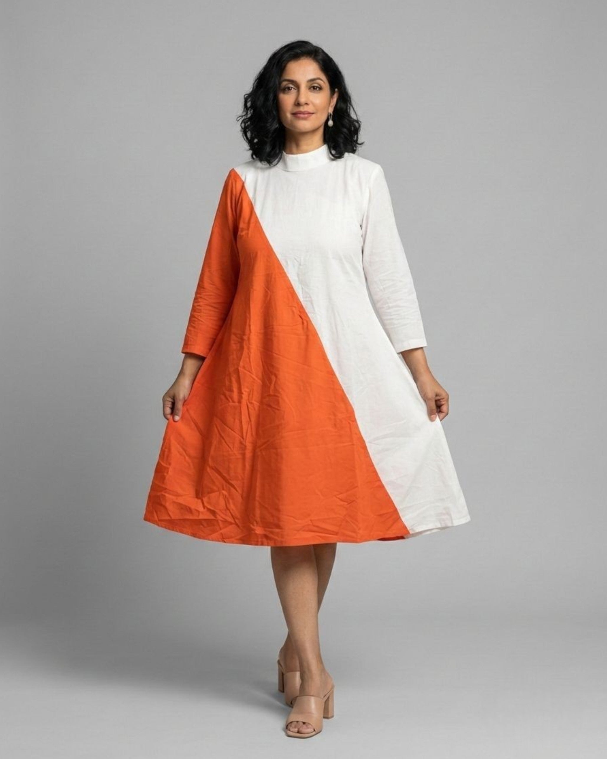 Rustline Colorblock Zipped Midi Flared Dress - White & Rust