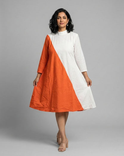 Rustline Colorblock Zipped Midi Flared Dress - White & Rust