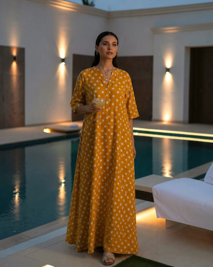 Sunshine Long A-line Cotton Dress – Mustard Polka Print