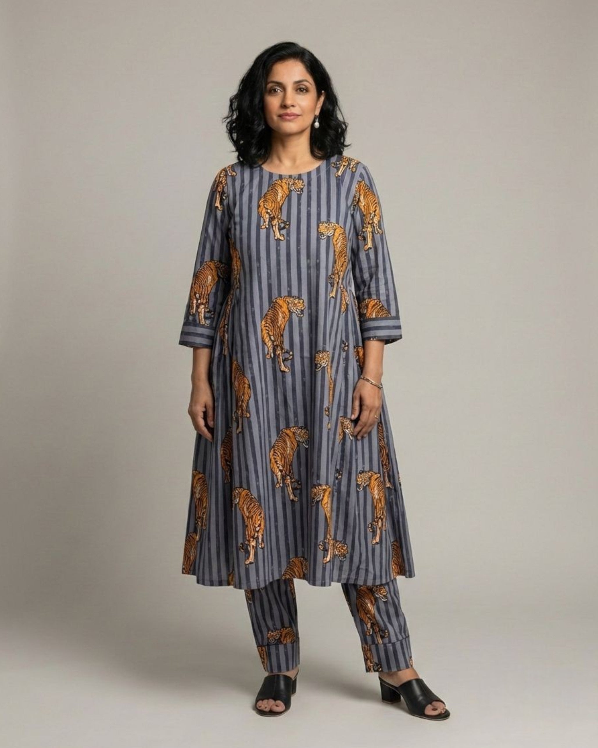 Wildrade Side Pleated Long Cotton Coord Set - Charcoal Tiger Print