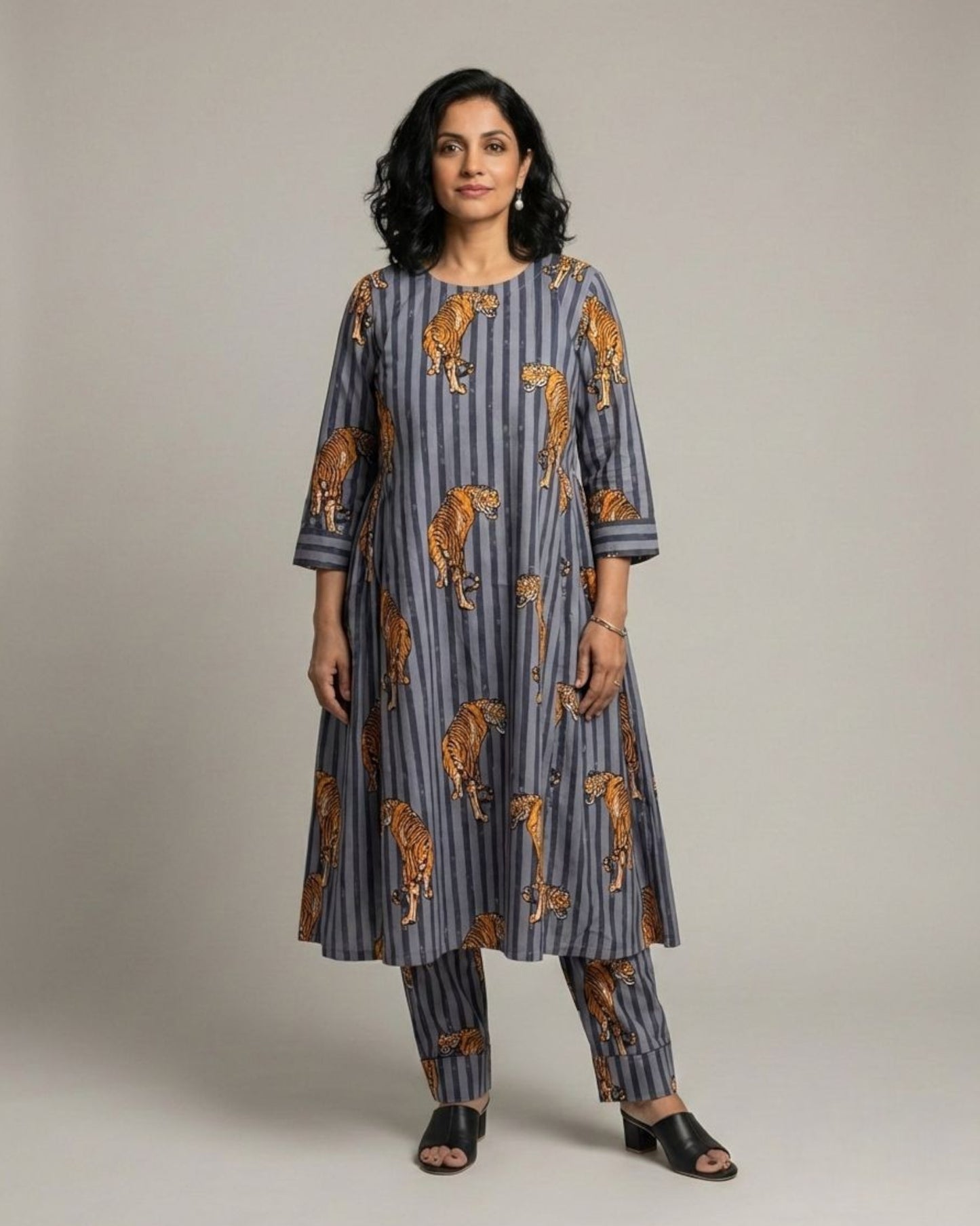 Wildrade Side Pleated Long Cotton Coord Set - Charcoal Tiger Print