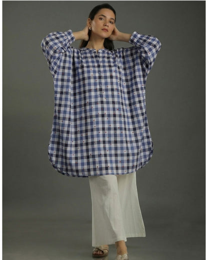 Gingham Balloon Oversized Cotton Coord Set – Indigo Checks Print