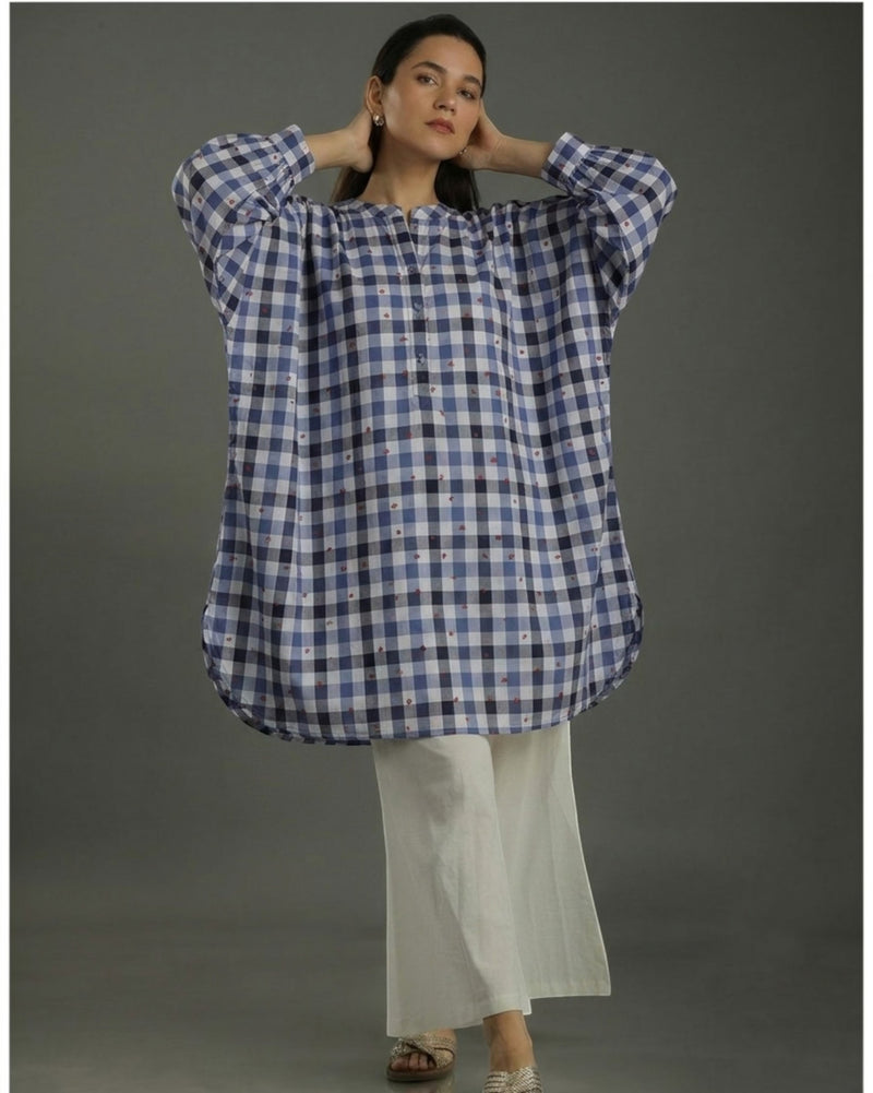 Gingham Balloon Oversized Cotton Coord Set – Indigo Checks Print