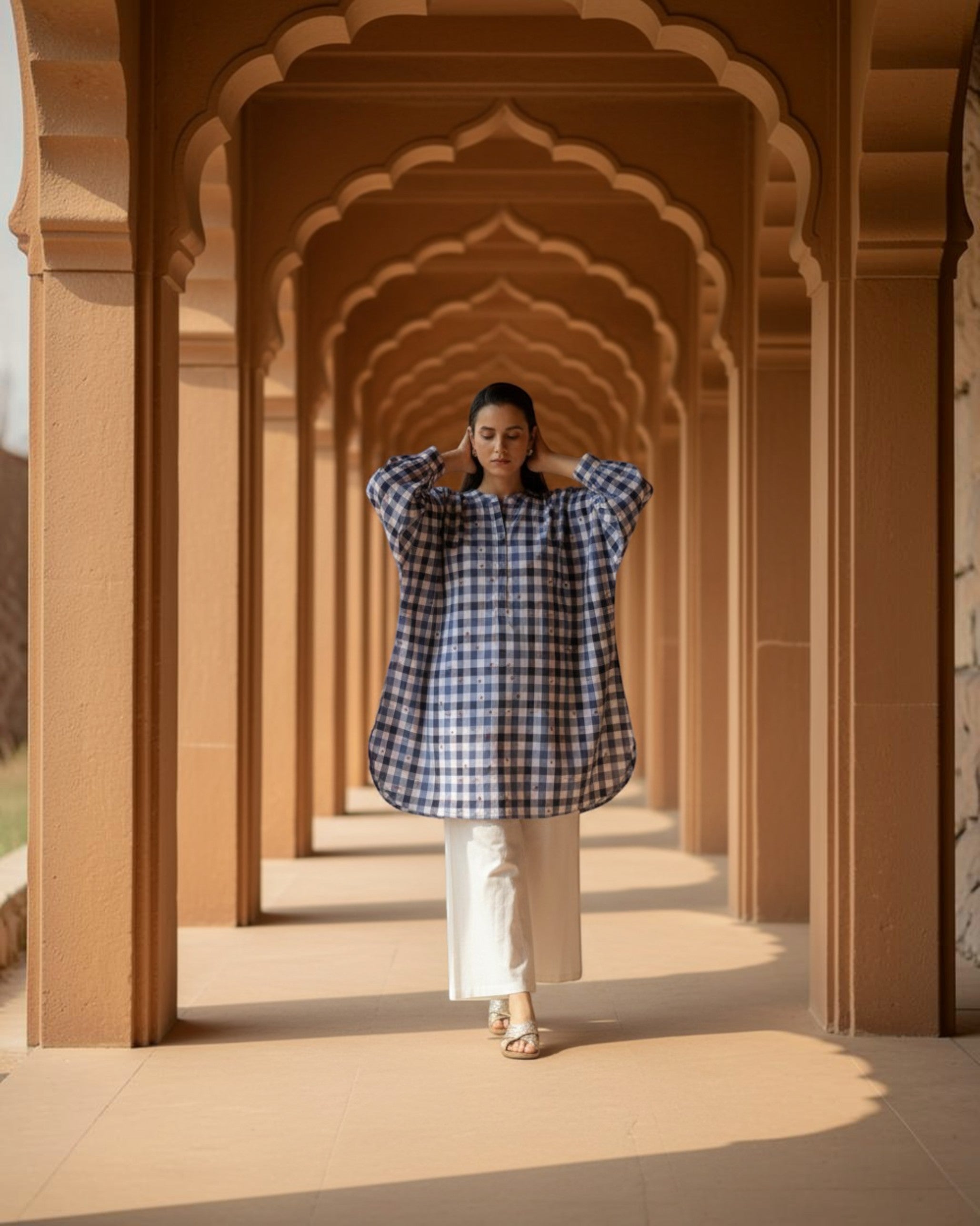 Gingham Balloon Oversized Cotton Coord Set – Indigo Checks Print