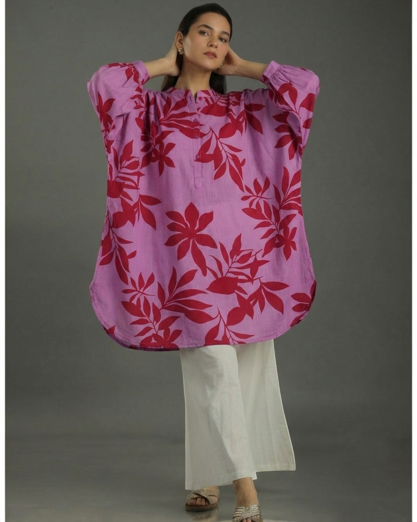 Redscape Balloon Oversized Cotton Shirt – Lavender & Red Print