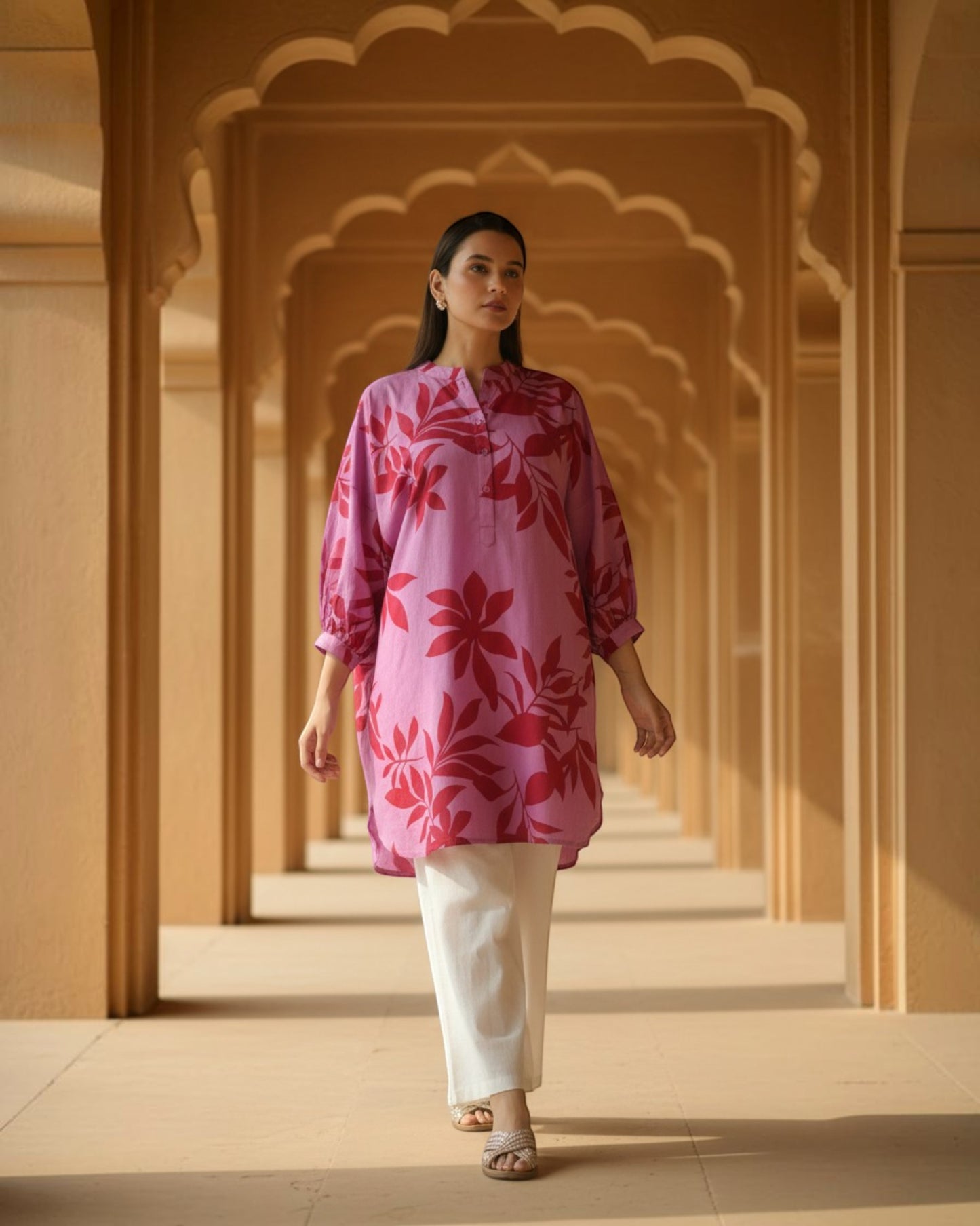 Redscape Balloon Oversized Cotton Shirt – Lavender & Red Print