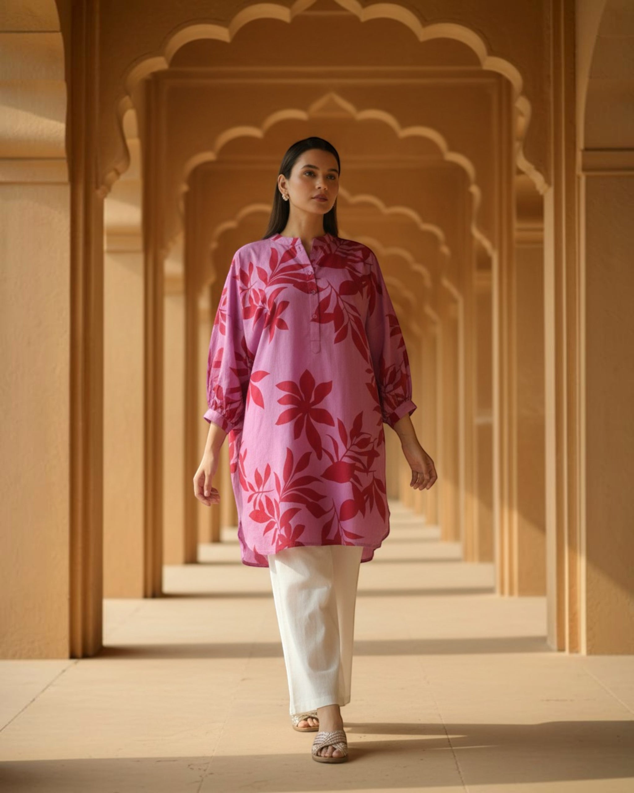 Redscape Balloon Oversized Cotton Shirt – Lavender & Red Print