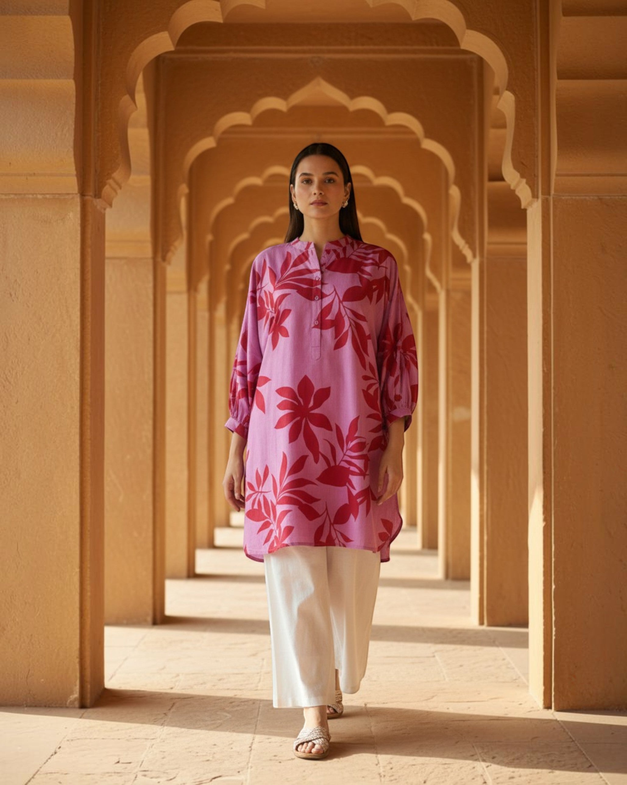 Redscape Balloon Oversized Cotton Shirt – Lavender & Red Print