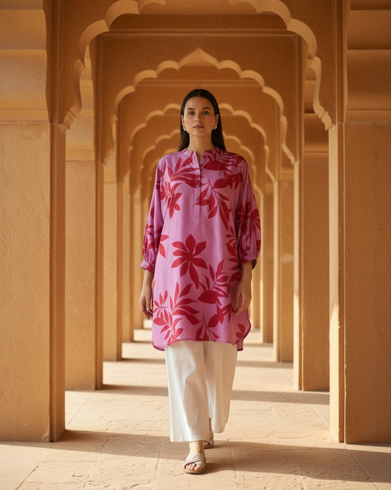 Redscape Balloon Oversized Cotton Shirt – Lavender & Red Print