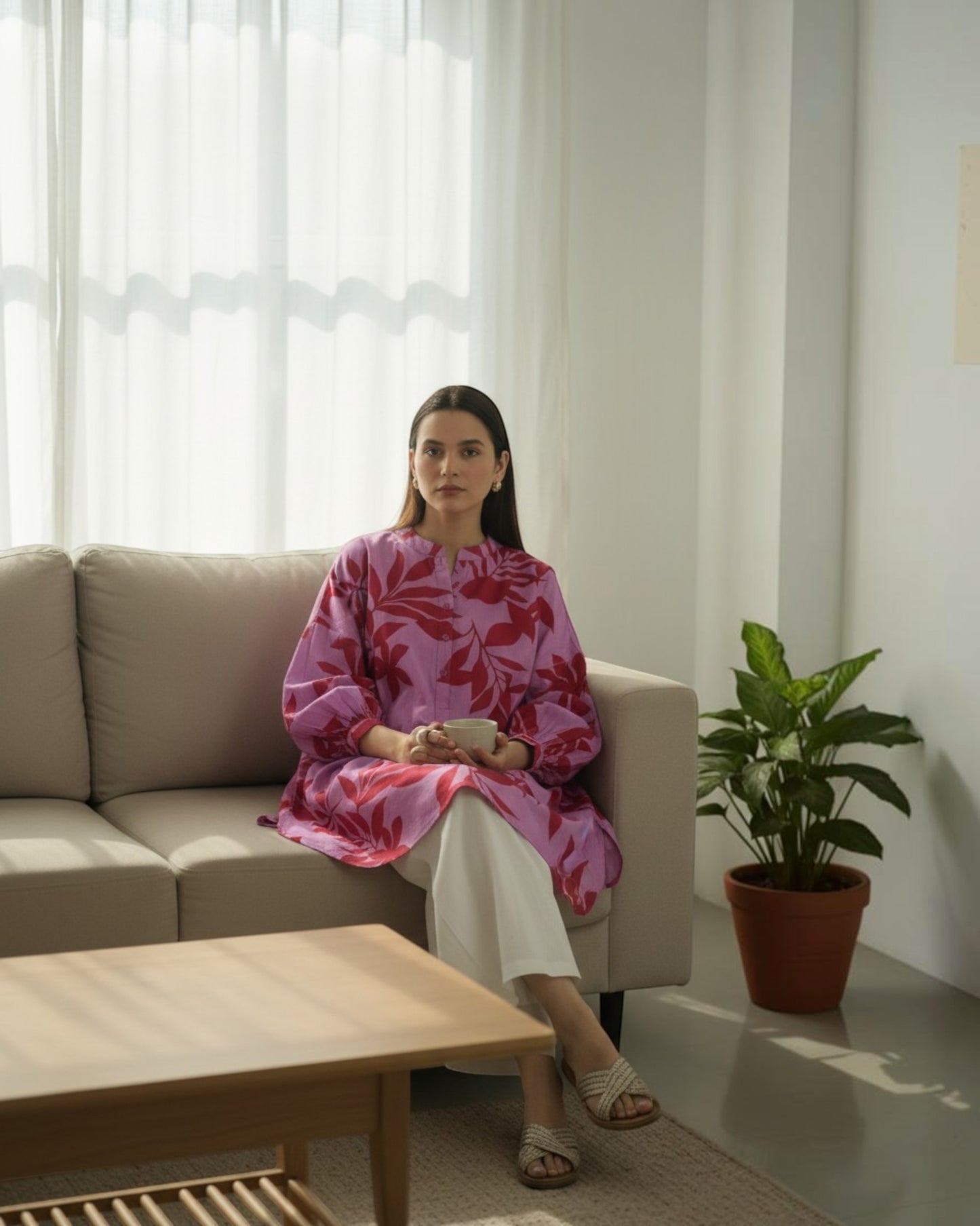 Redscape Balloon Oversized Cotton Shirt – Lavender & Red Print