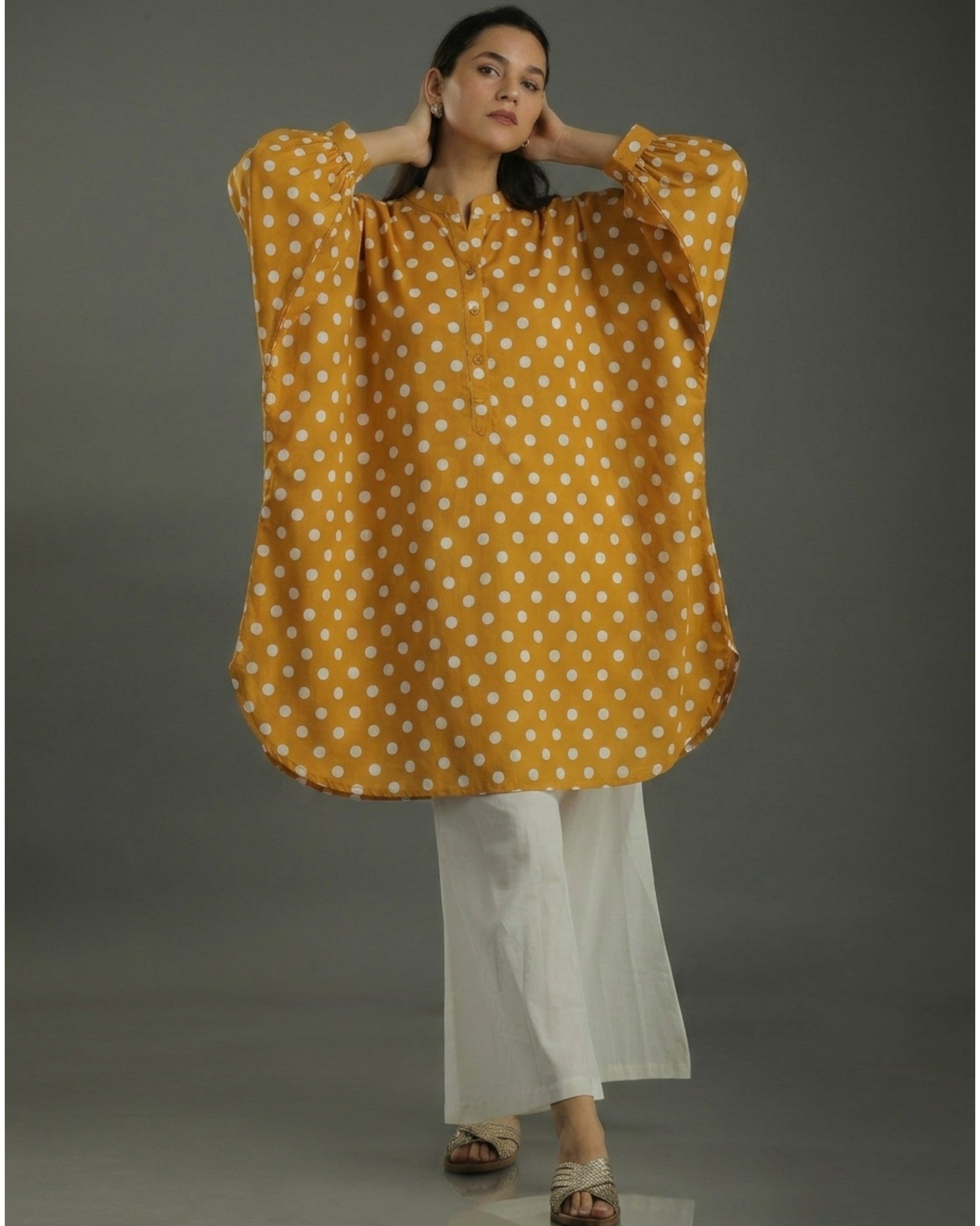 Sunshine Balloon Oversized Cotton Shirt – Mustard Polka Print