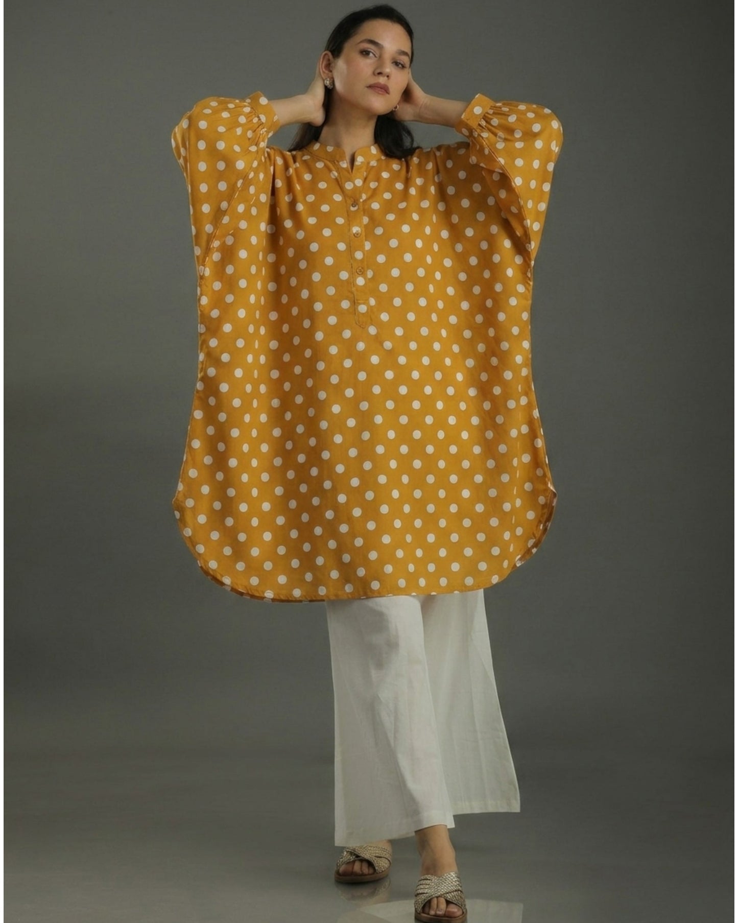 Sunshine Balloon Oversized Cotton Coord Set – Mustard Polka Print