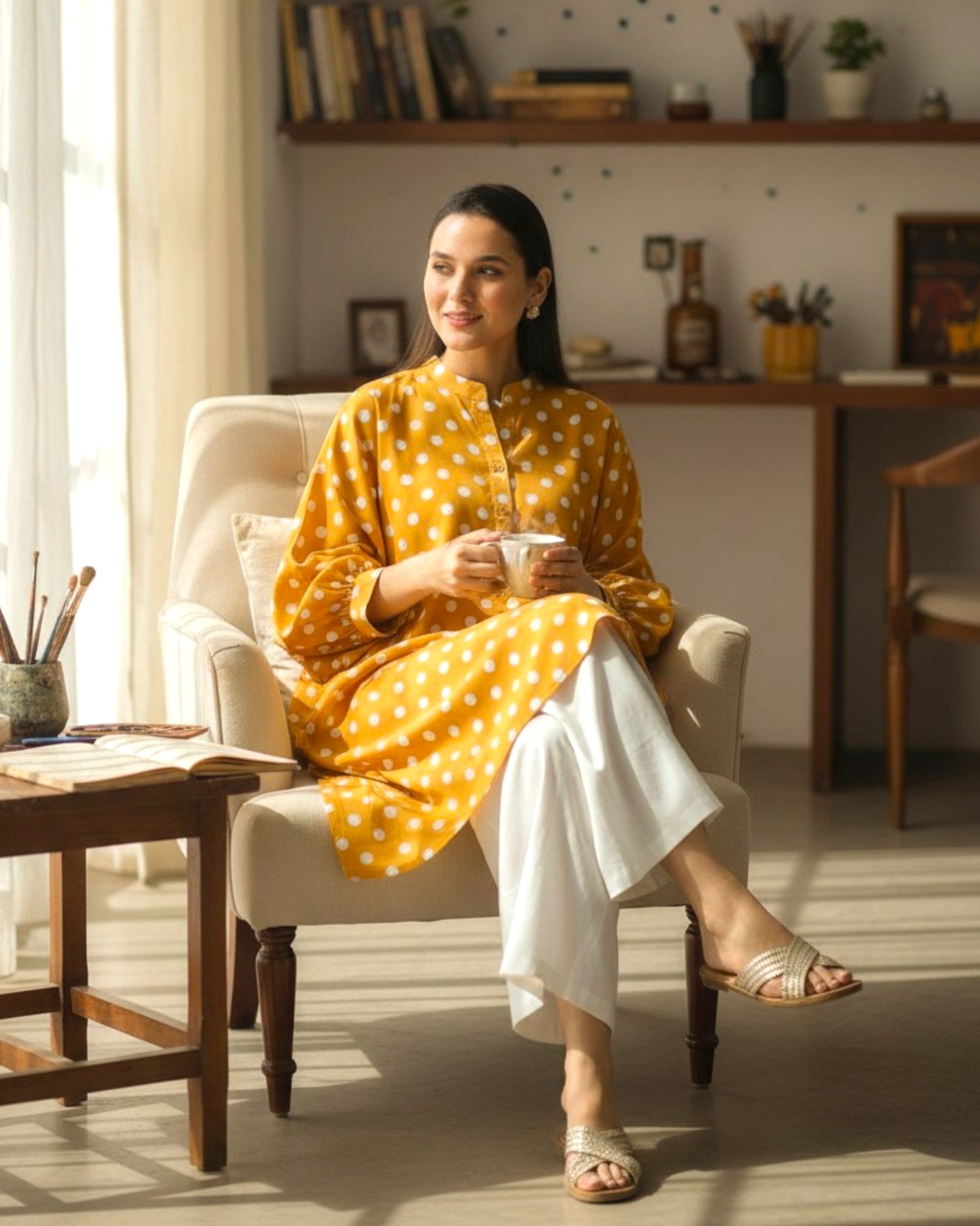 Sunshine Balloon Oversized Cotton Shirt – Mustard Polka Print