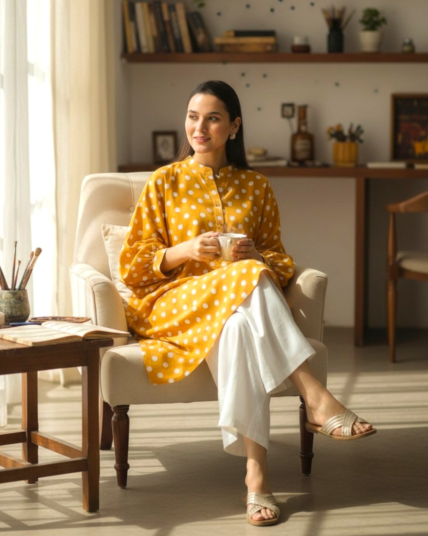 Sunshine Balloon Oversized Cotton Shirt – Mustard Polka Print