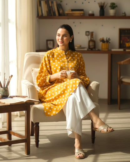 Sunshine Balloon Oversized Cotton Shirt – Mustard Polka Print