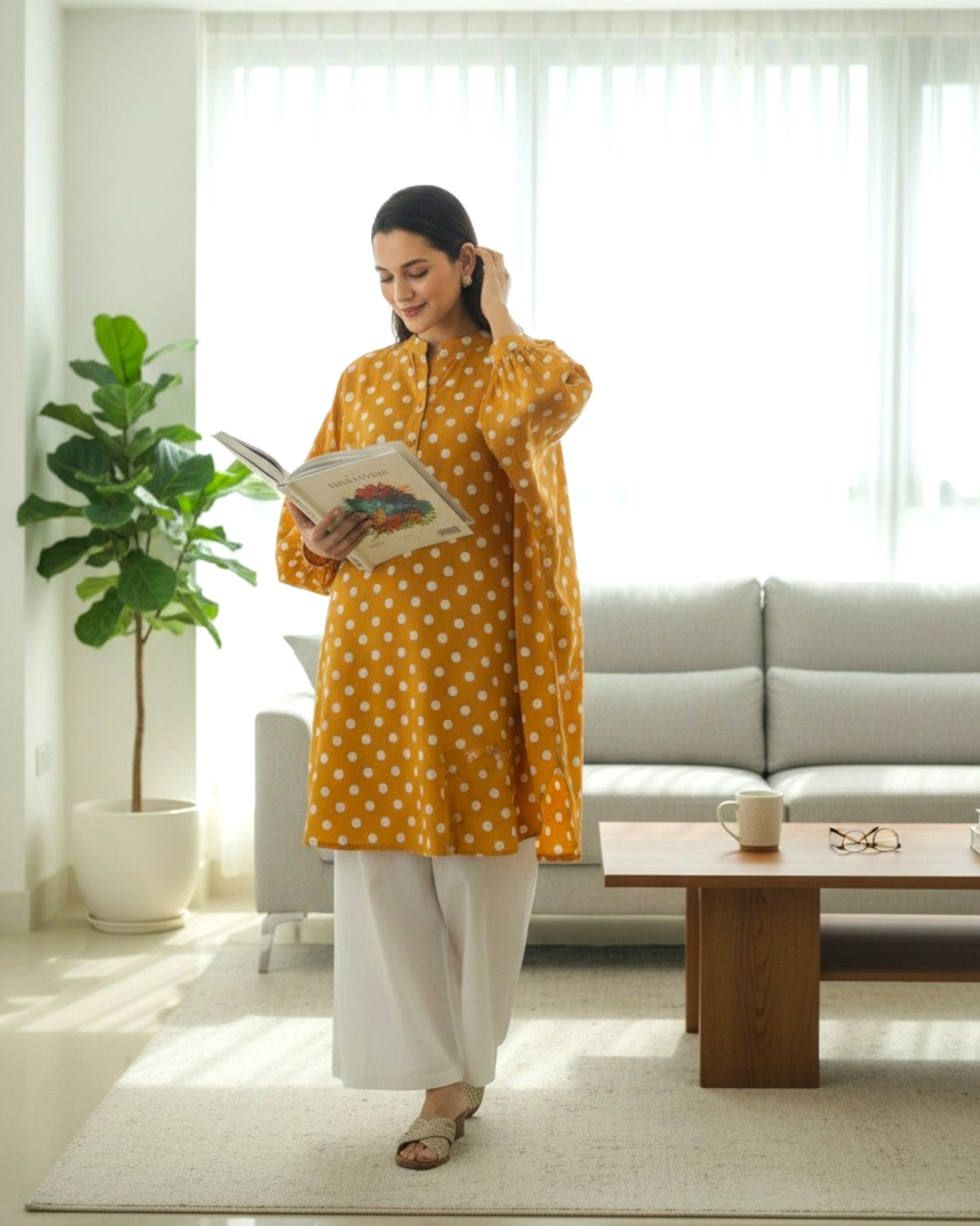 Sunshine Balloon Oversized Cotton Shirt – Mustard Polka Print