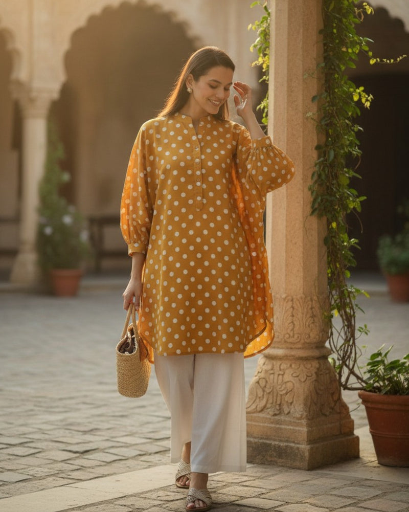 Sunshine Balloon Oversized Cotton Shirt – Mustard Polka Print