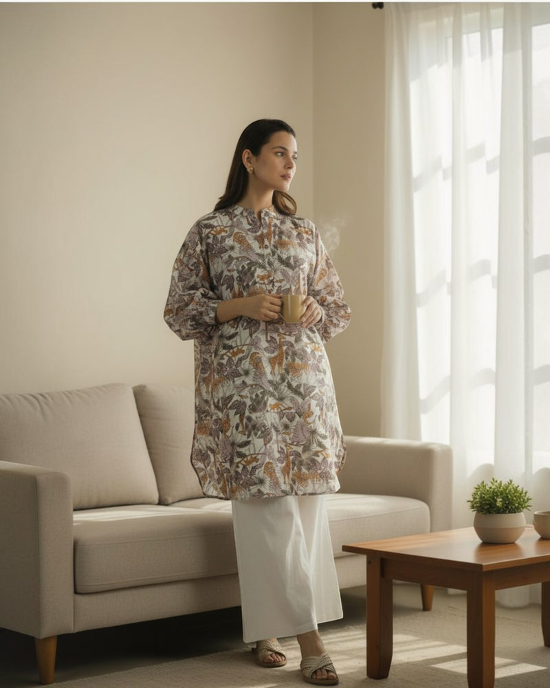 Safari Balloon Oversized Cotton Coord Set – Off-White Print