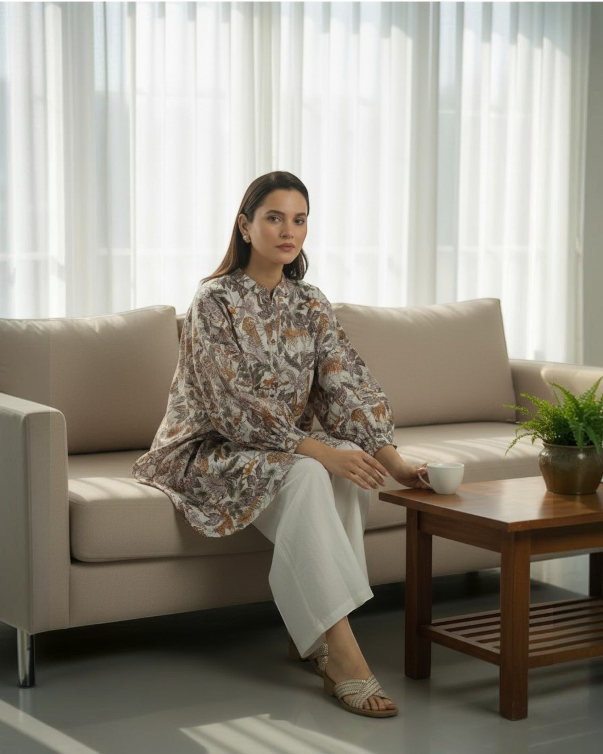 Safari Balloon Oversized Cotton Shirt – Off-White Print