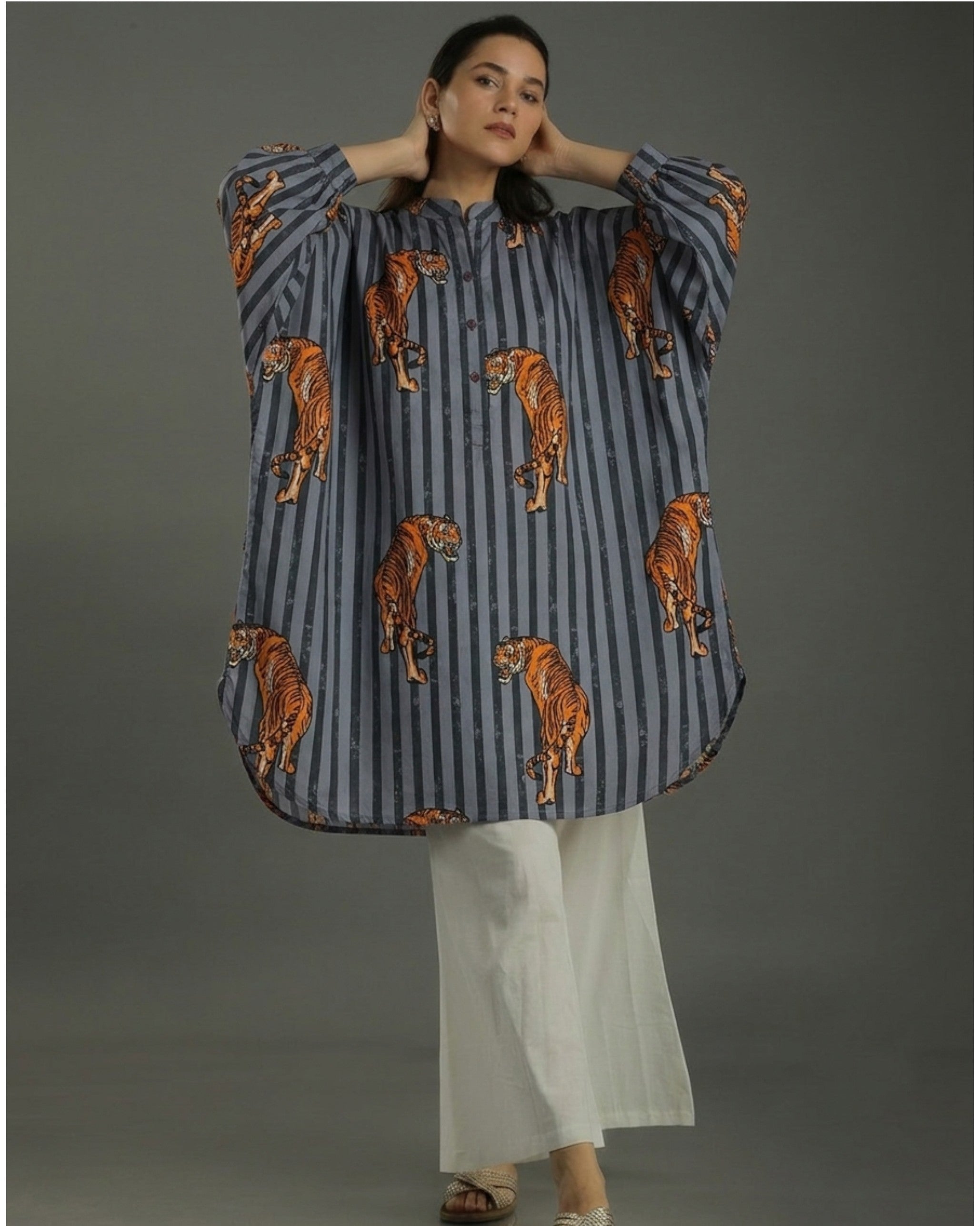 Wildrade Balloon Oversized Cotton Shirt – Charcoal Tiger Print